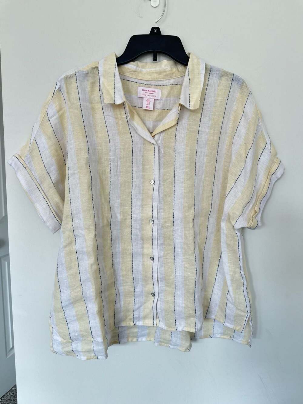100% Linen Isaac Mizrahi Striped Linen Button Down Shirt Size XL Yellow